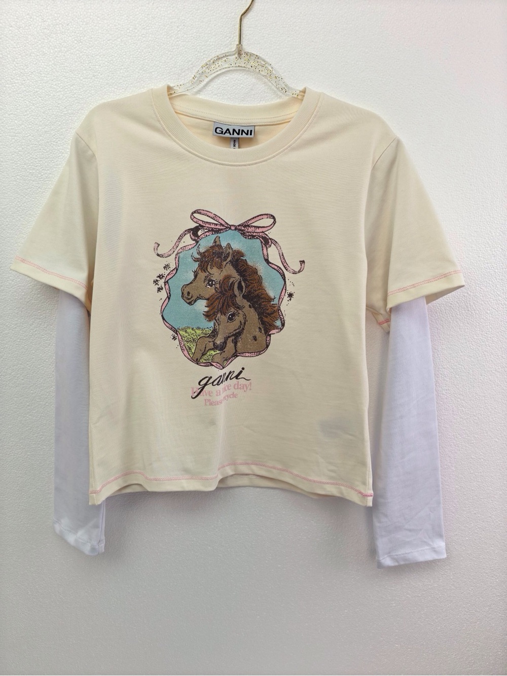 Ganni Cream Layered-Look Long Sleeve Tee with Horse Motif